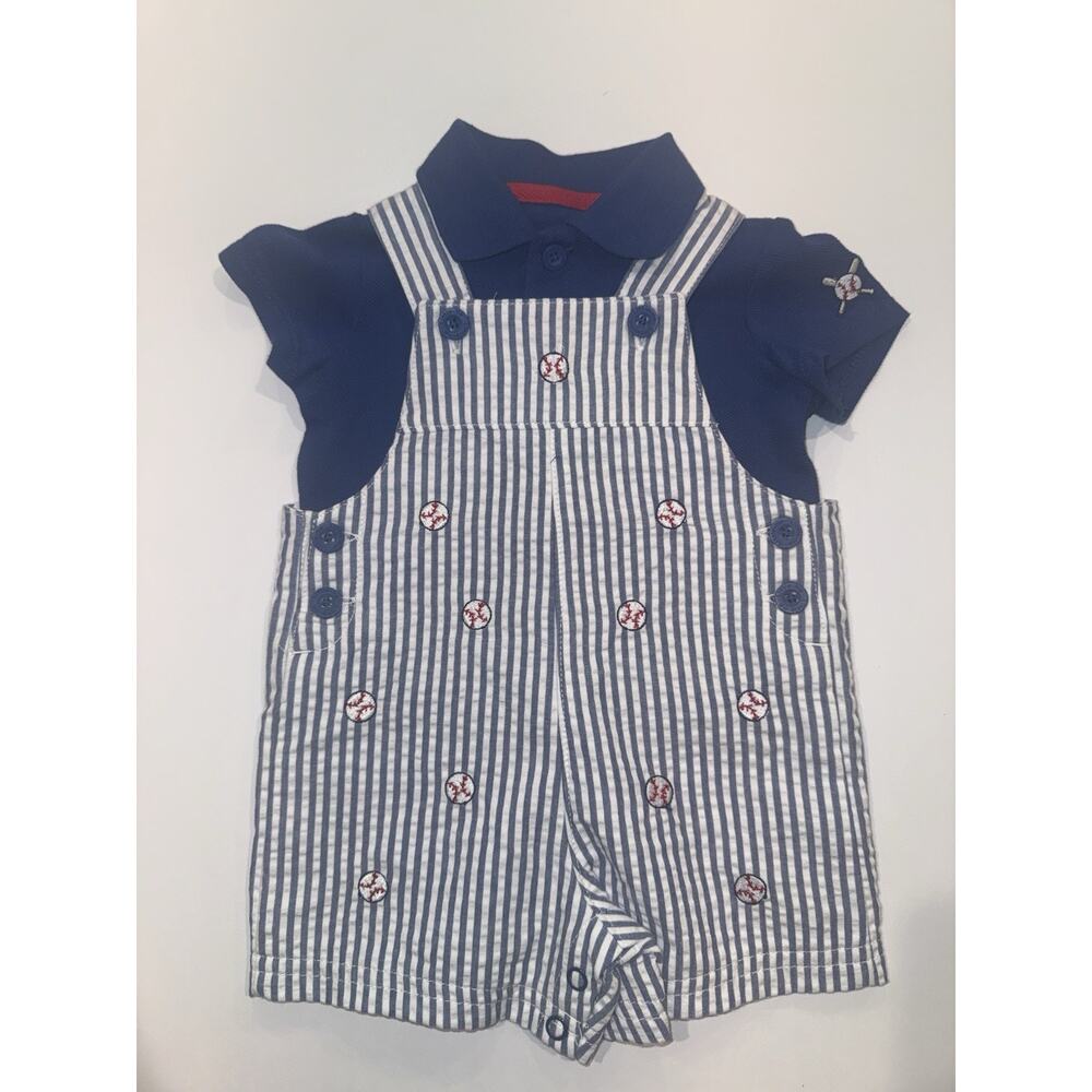 Little Me Baby 3M Seersucker Baseball Shortall Romper Set Blue Summer